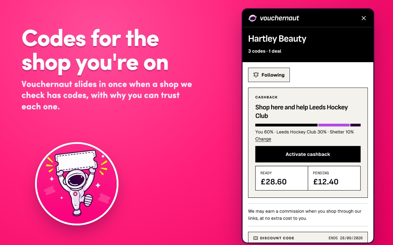 The Vouchernaut panel on a shop's checkout, listing checked codes beside the promo box.