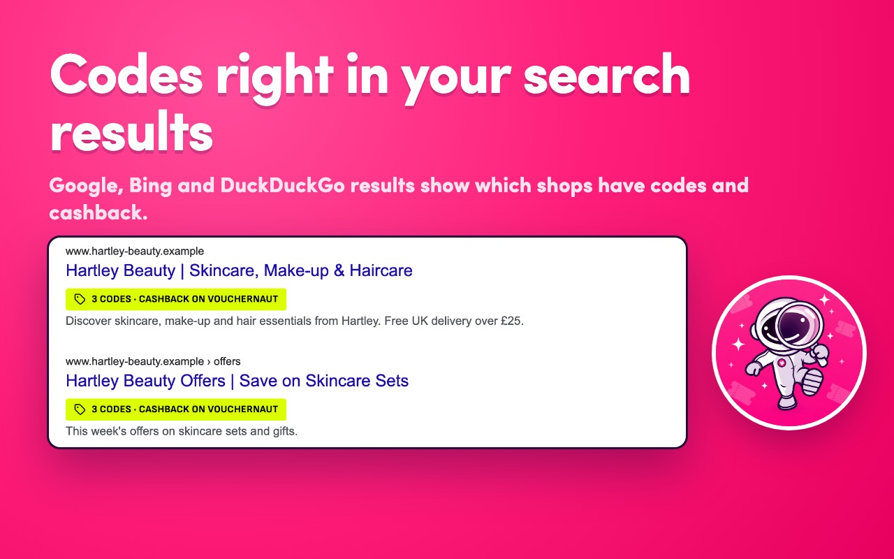 Search results with Vouchernaut marks beside shops that have codes.