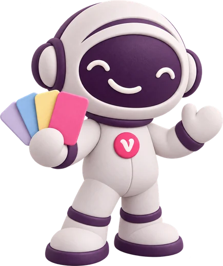 Vinny the Vouchernaut, in clay, holding up a fan of store cards and waving.