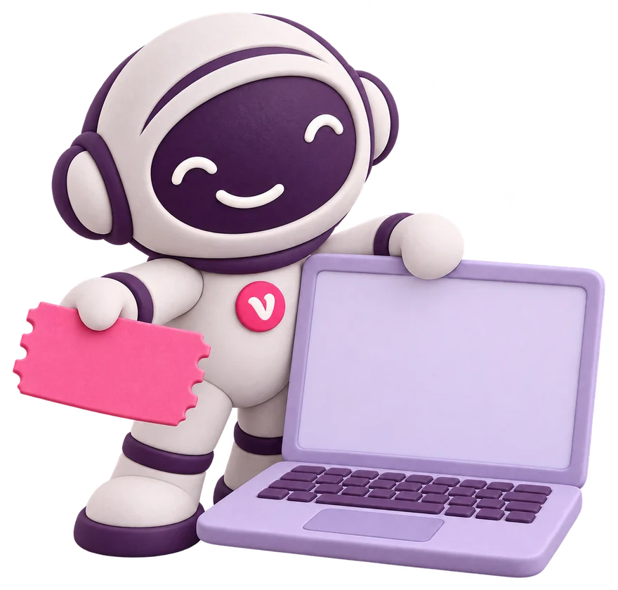 Vinny the Vouchernaut, in clay, beside a laptop and holding out a coupon.