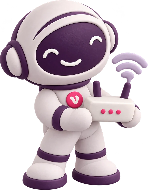 Vinny the Vouchernaut, in clay, holding up a home broadband router