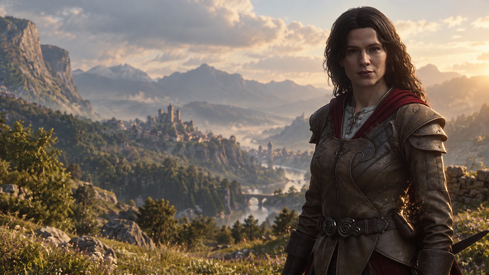 Fantasy adventurer overlooking a mountain valley and distant castle