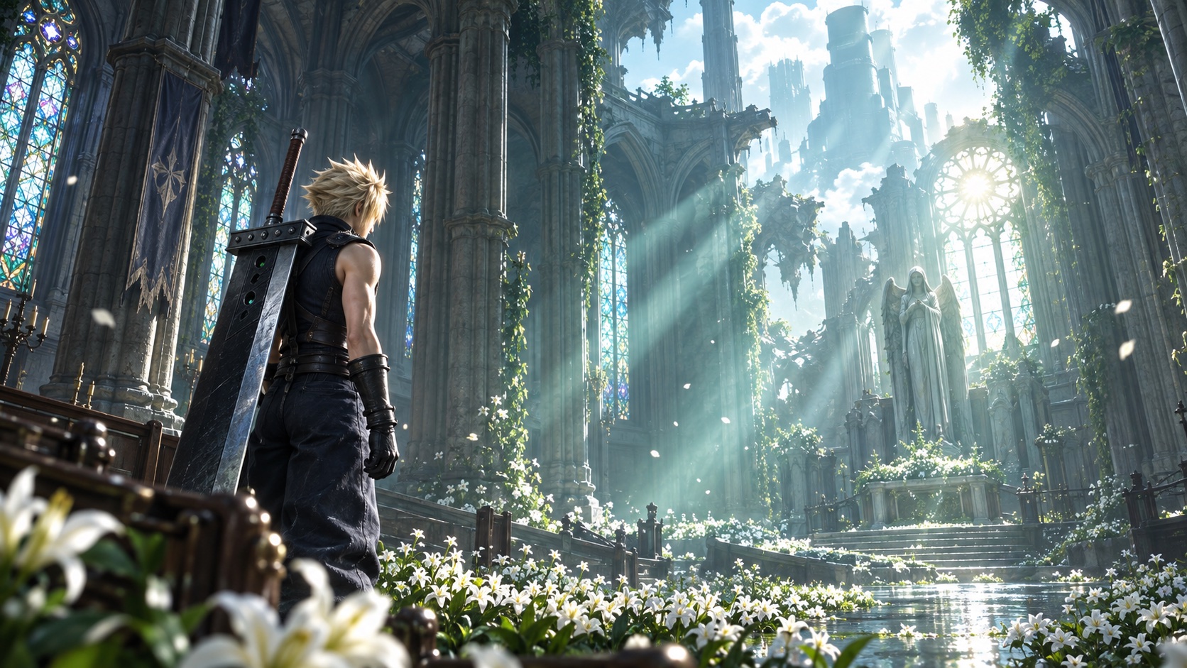 Blond swordsman in a flower-filled ruined cathedral lit by sunbeams