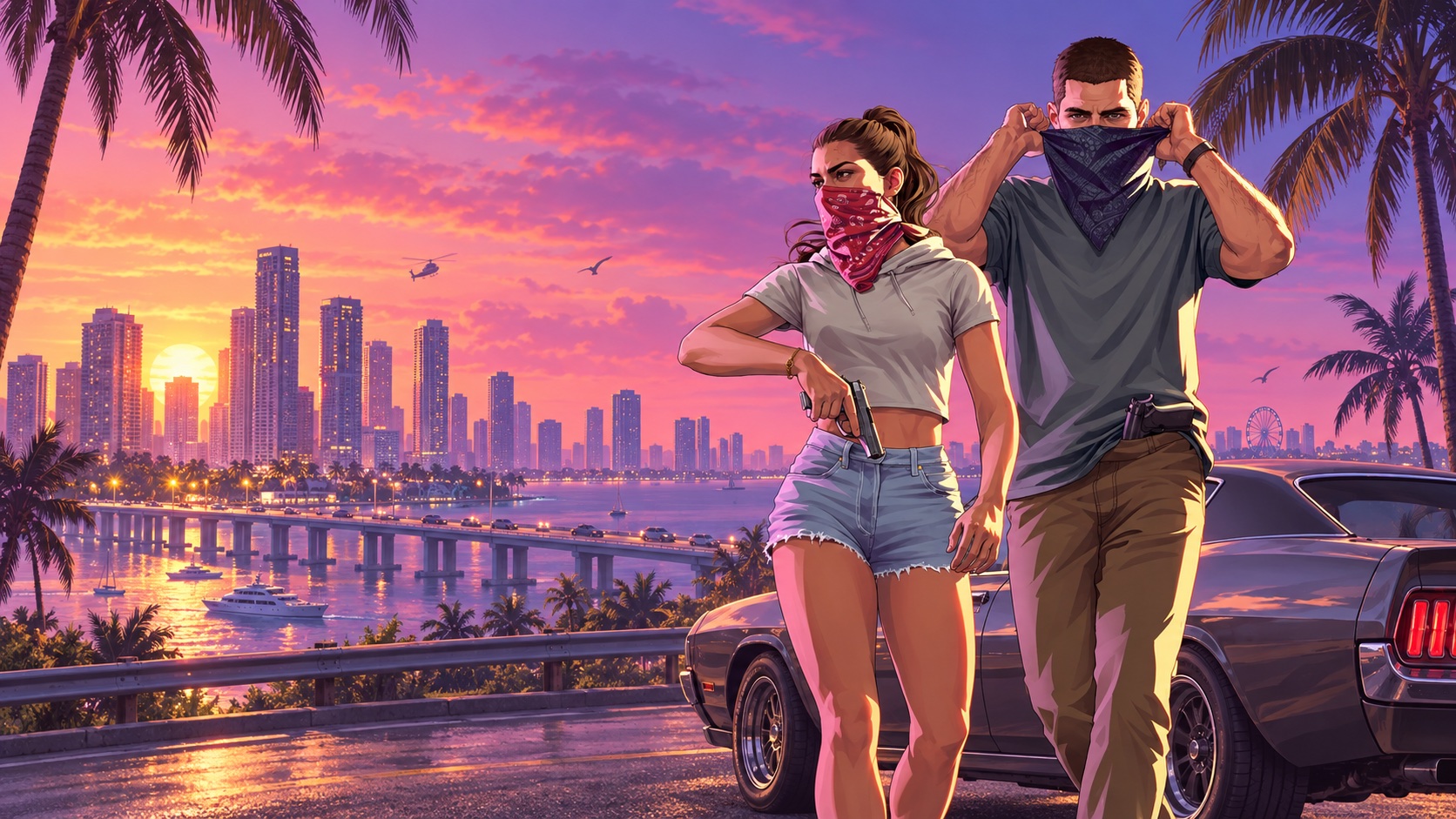 Two outlaws beside a car overlooking a palm-lined coastal city at sunset