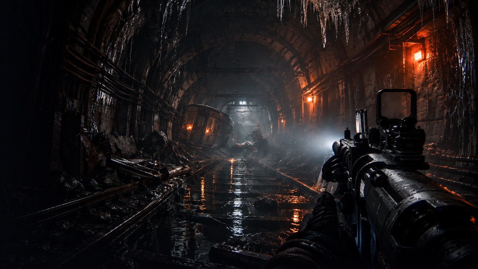 Armed survivor exploring a flooded abandoned underground railway tunnel