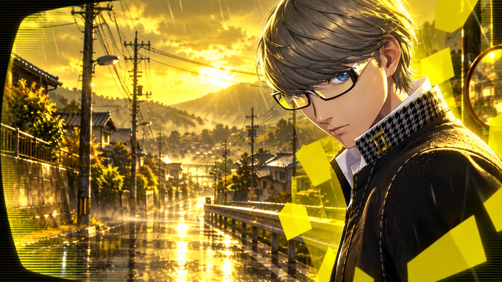 Stylised student standing on a rain-wet rural Japanese street in golden light