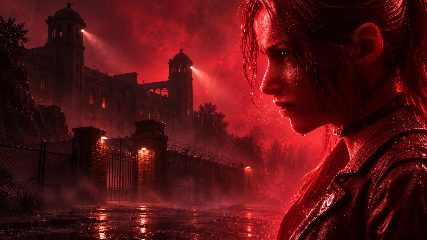 Red-haired survivor in rain outside an ominous prison complex