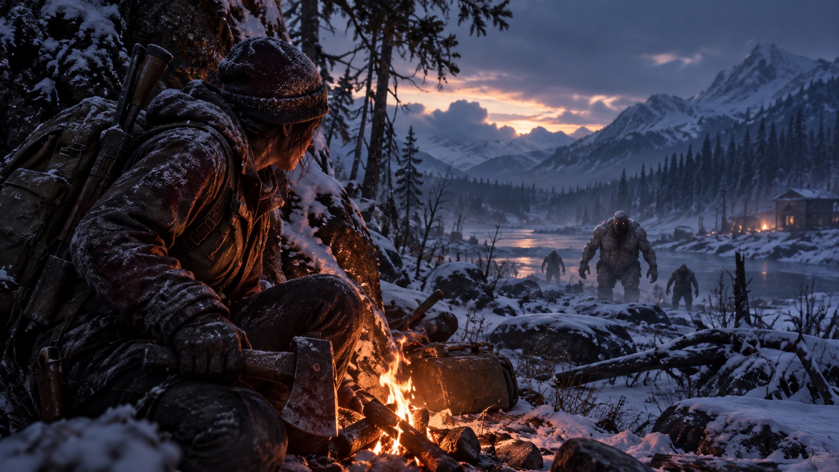 Survivor sheltering beside a fire as infected approach across a snowy valley