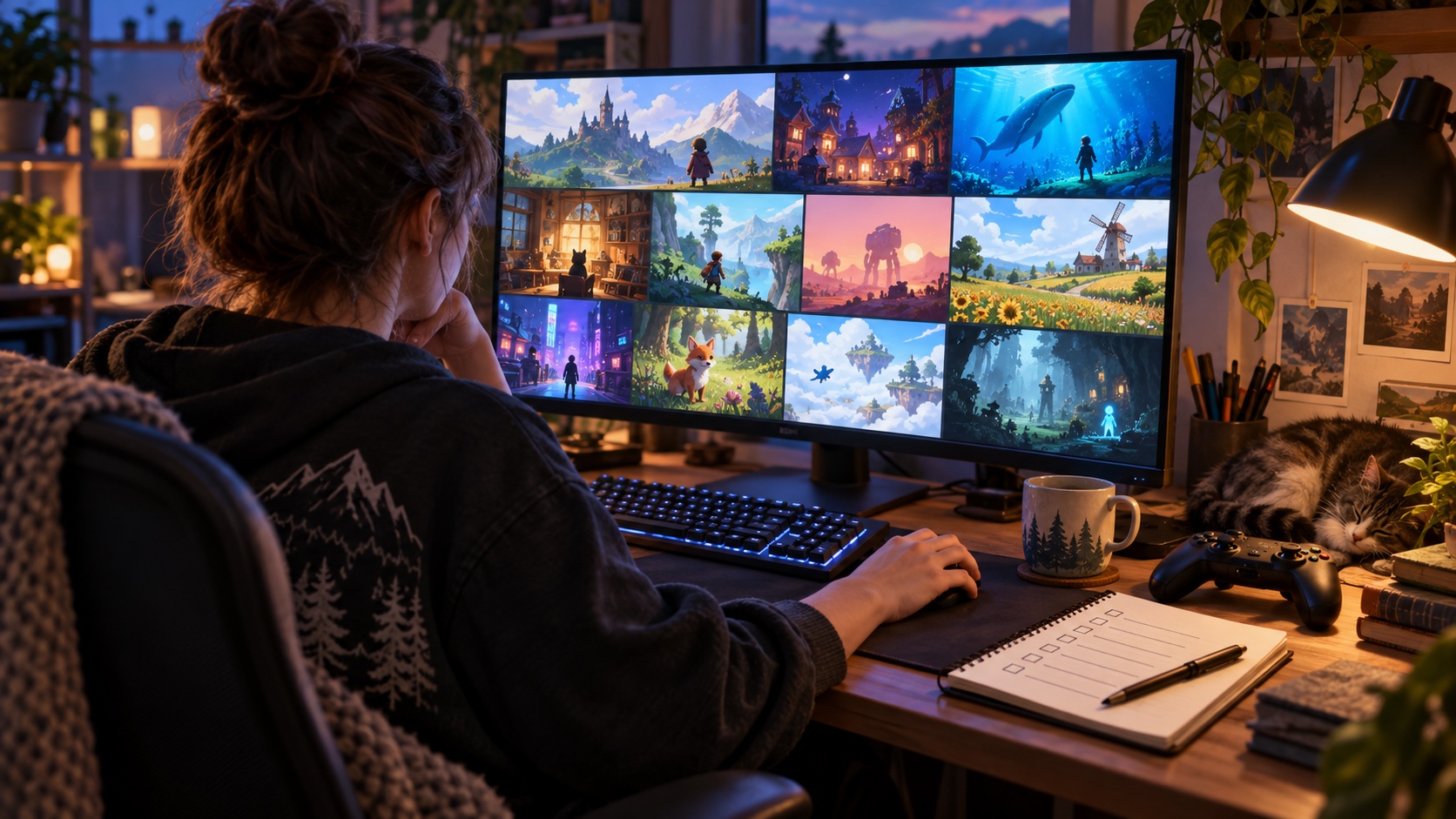Player reviewing a grid of colourful PC game demos at a cosy desk