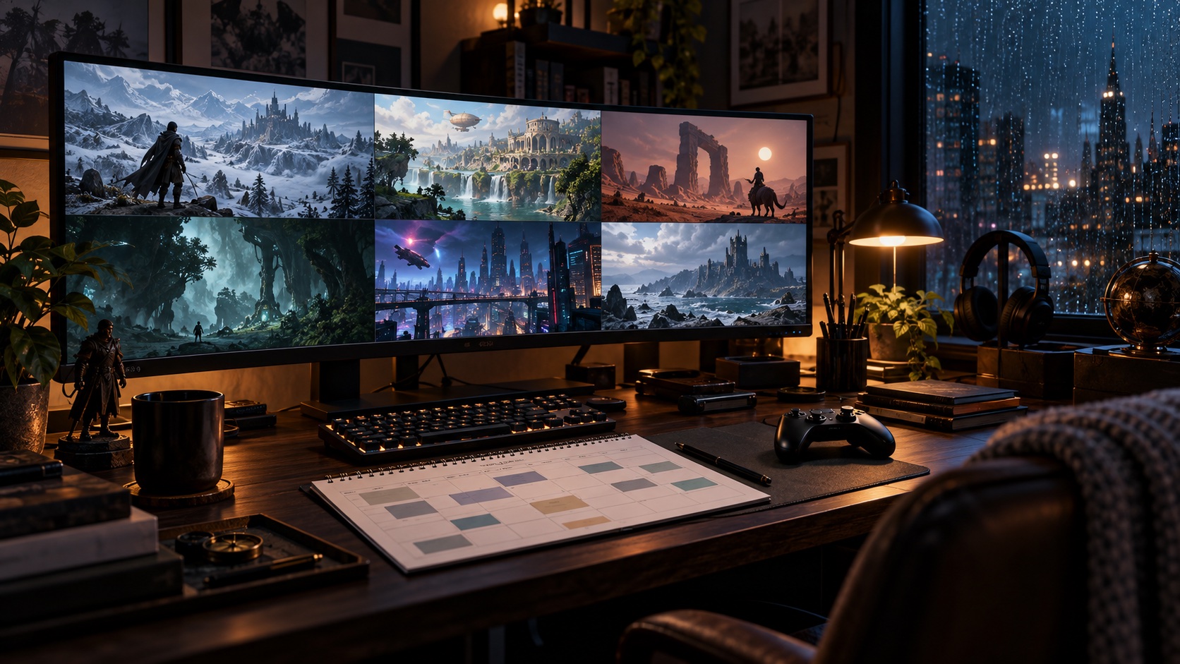 PC gaming desk with a release calendar and several game worlds on an ultrawide screen