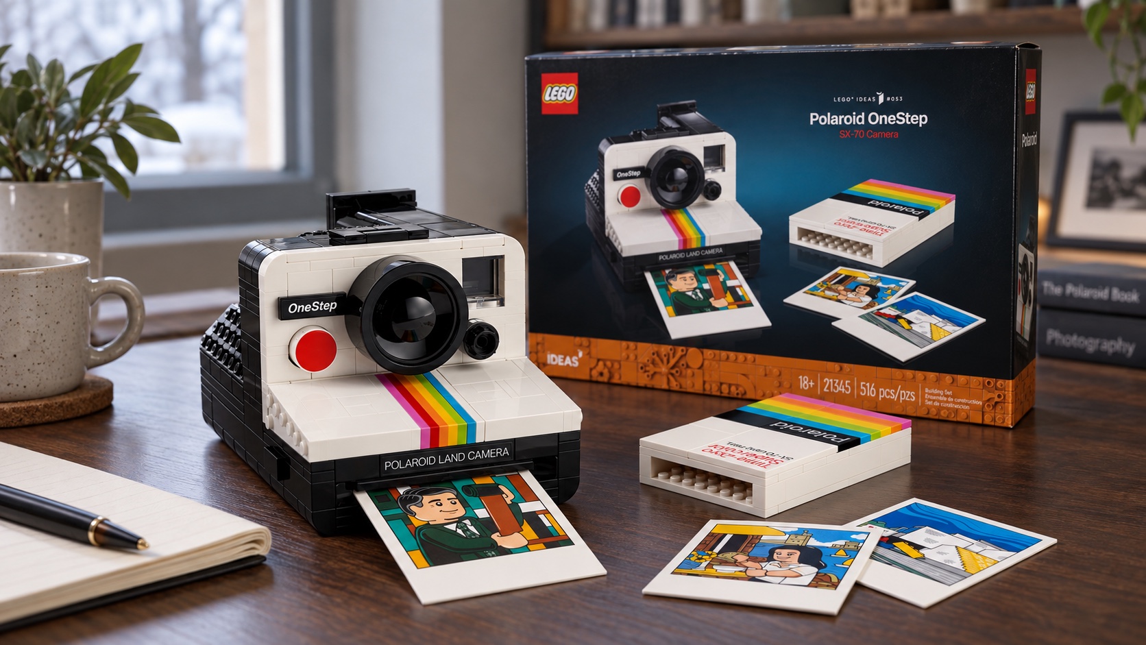 Illustrative scene showing a LEGO Polaroid OneStep SX-70 Camera build beside its box