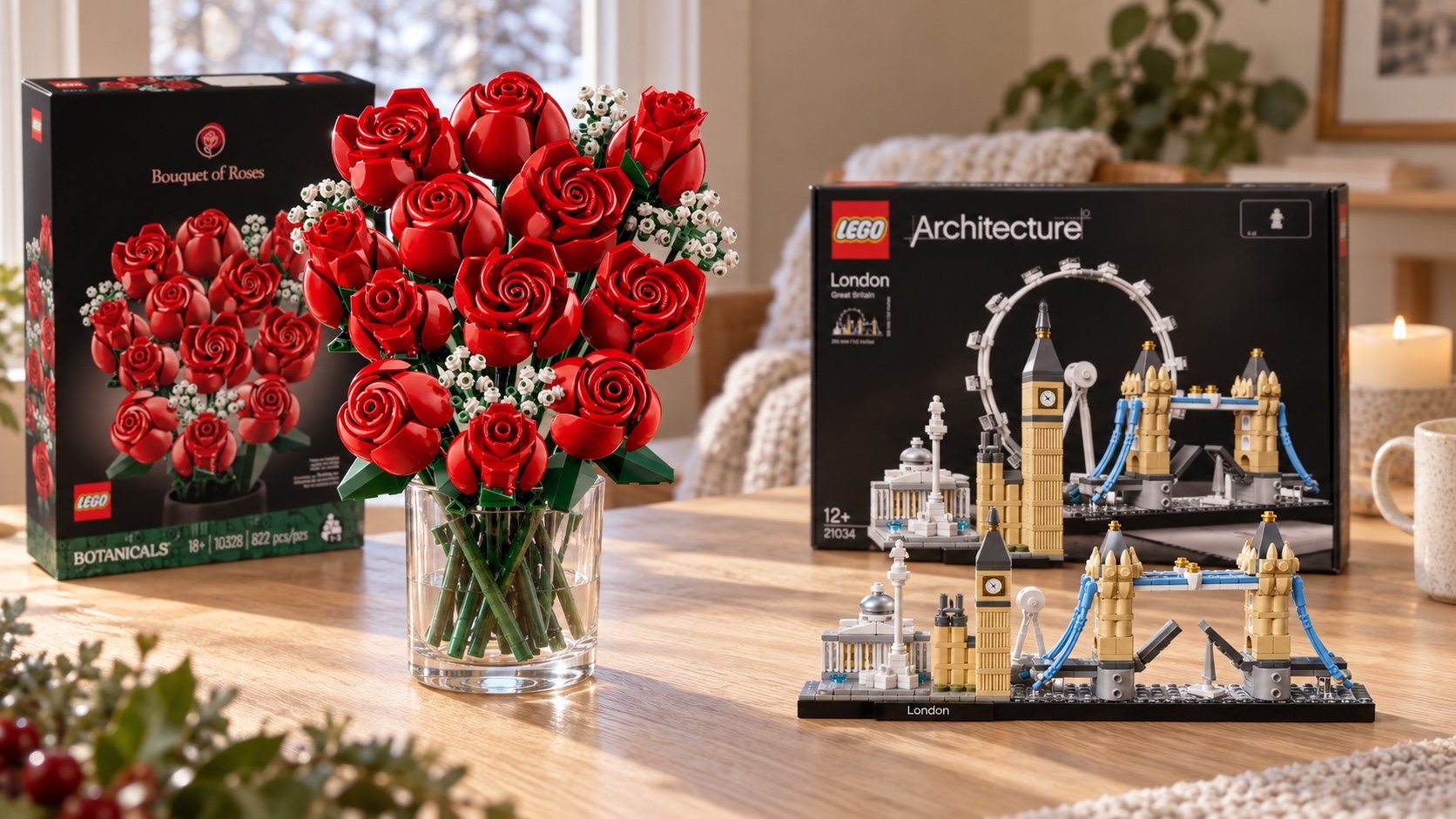 Illustrative scene showing LEGO Bouquet of Roses and London skyline builds beside their boxes