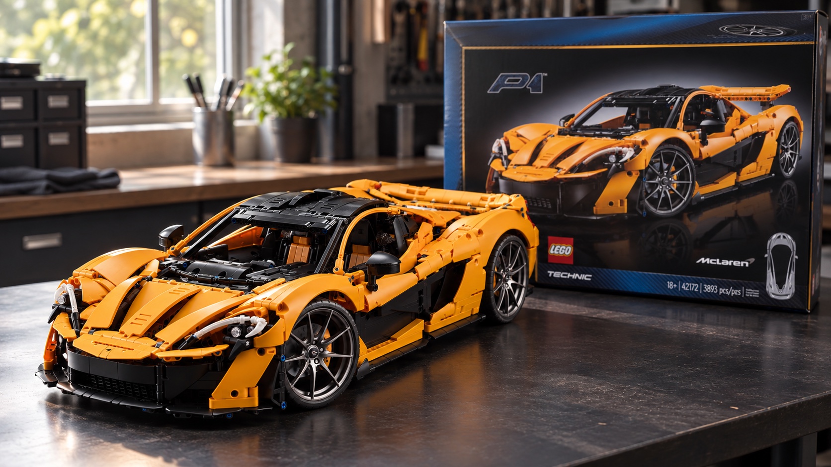 Illustrative scene showing a LEGO Technic McLaren P1 build beside its box on a worktable