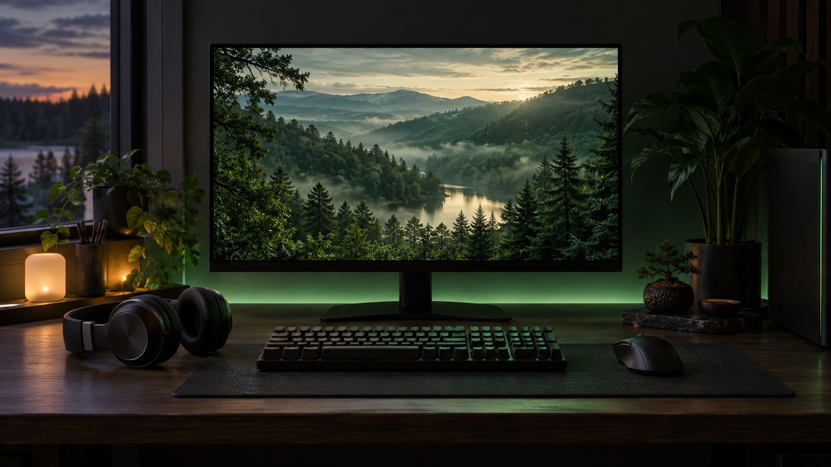 A PC gaming desk at dusk: a monitor showing a misty forest valley, a keyboard, mouse and headphones under soft green light