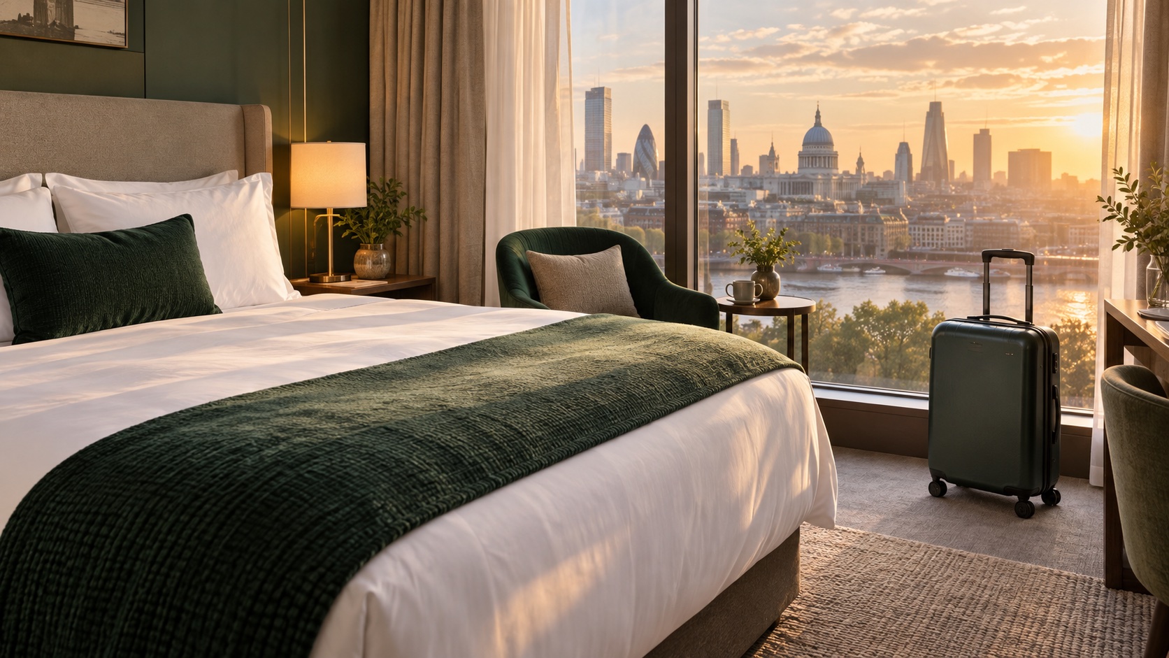 A hotel room at golden hour: a white bed with a deep green throw, a green suitcase by the window and the London skyline outside