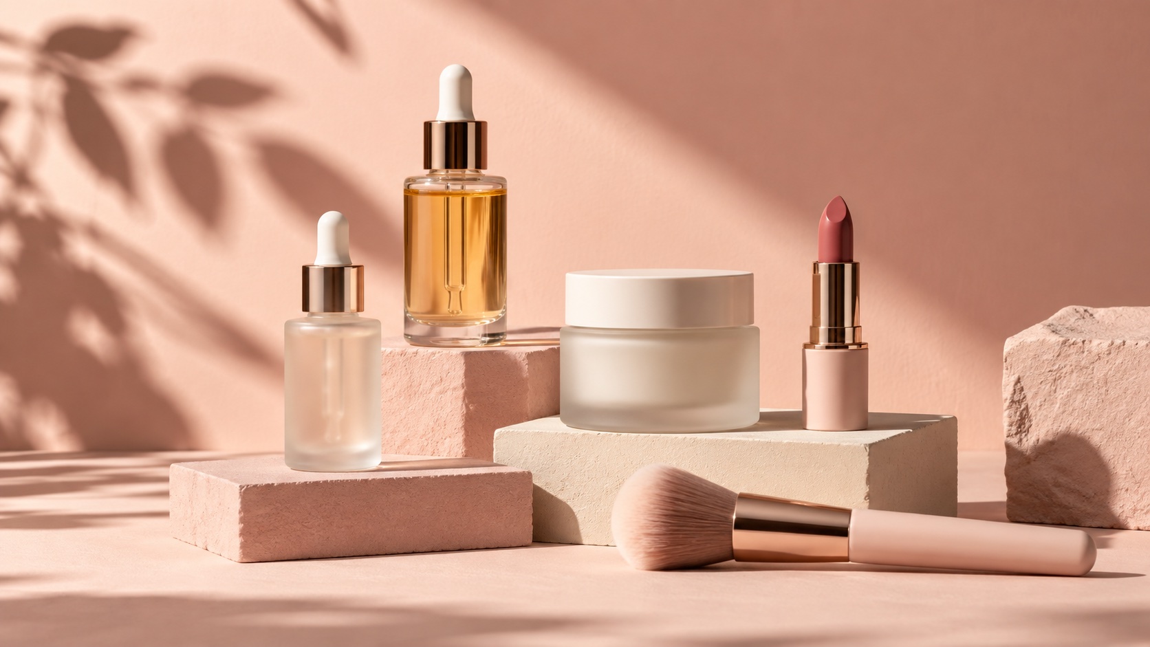 Serum bottles, a moisturiser jar, a lipstick and a make-up brush on pink and cream plaster blocks in warm sunlight