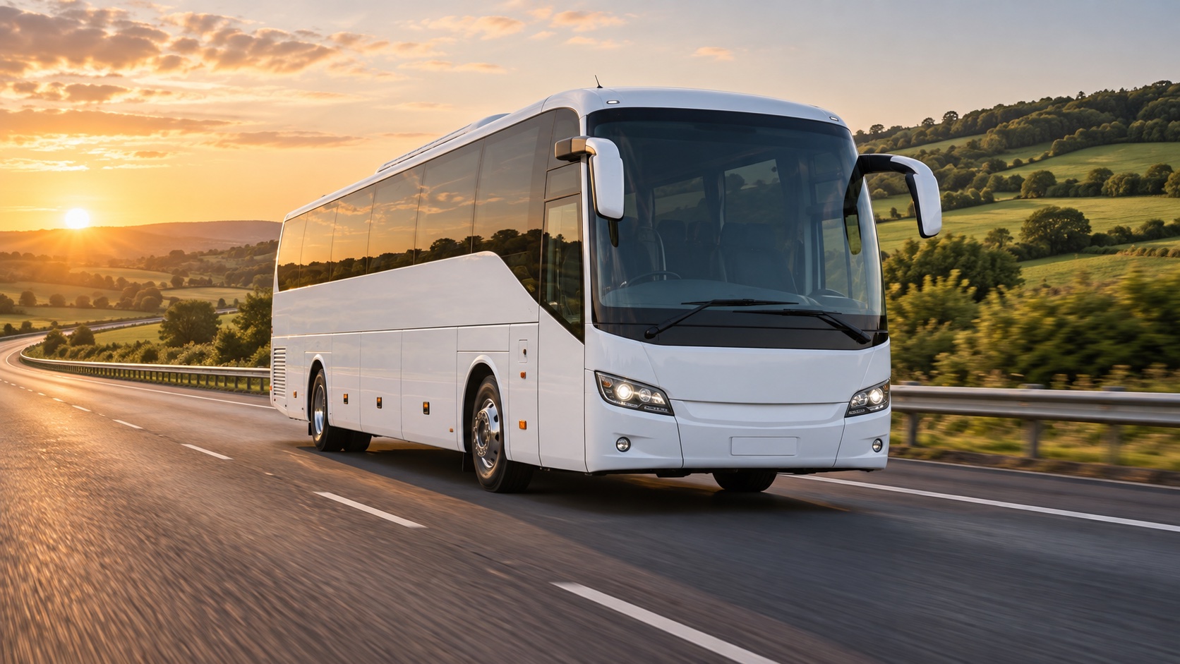A white coach on a UK motorway through green countryside at sunset