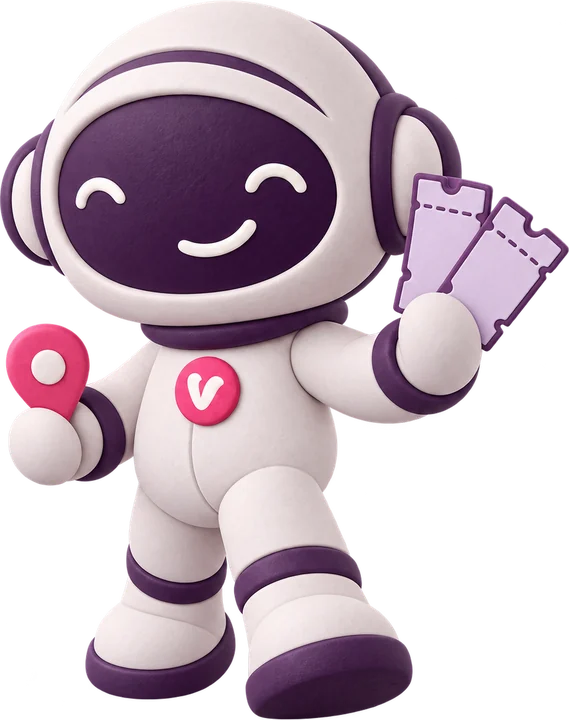 Vinny the Vouchernaut, in clay, heading out with two tickets and a map pin.