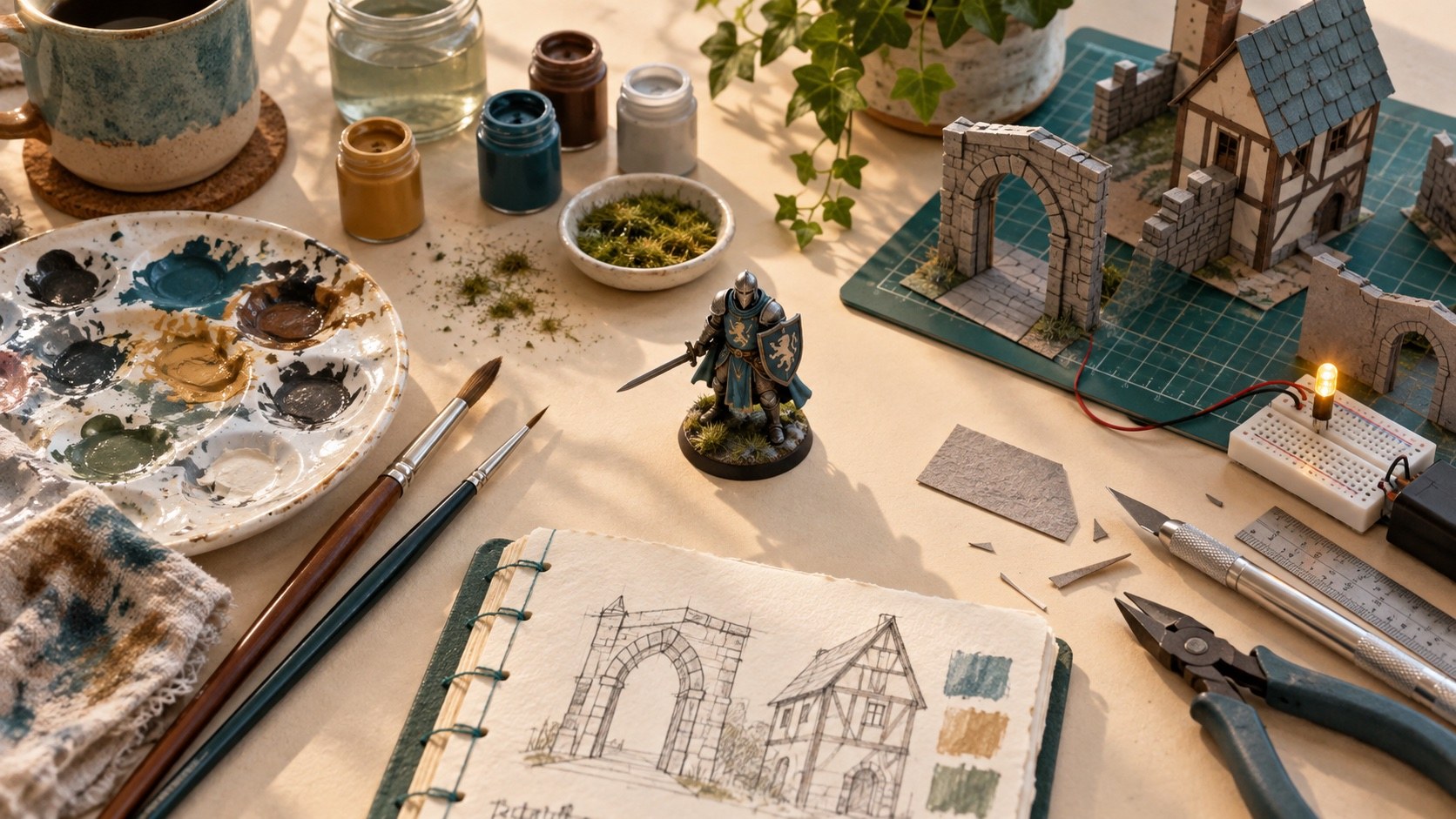Miniature painting, card modelling and electronics on a hobby workbench