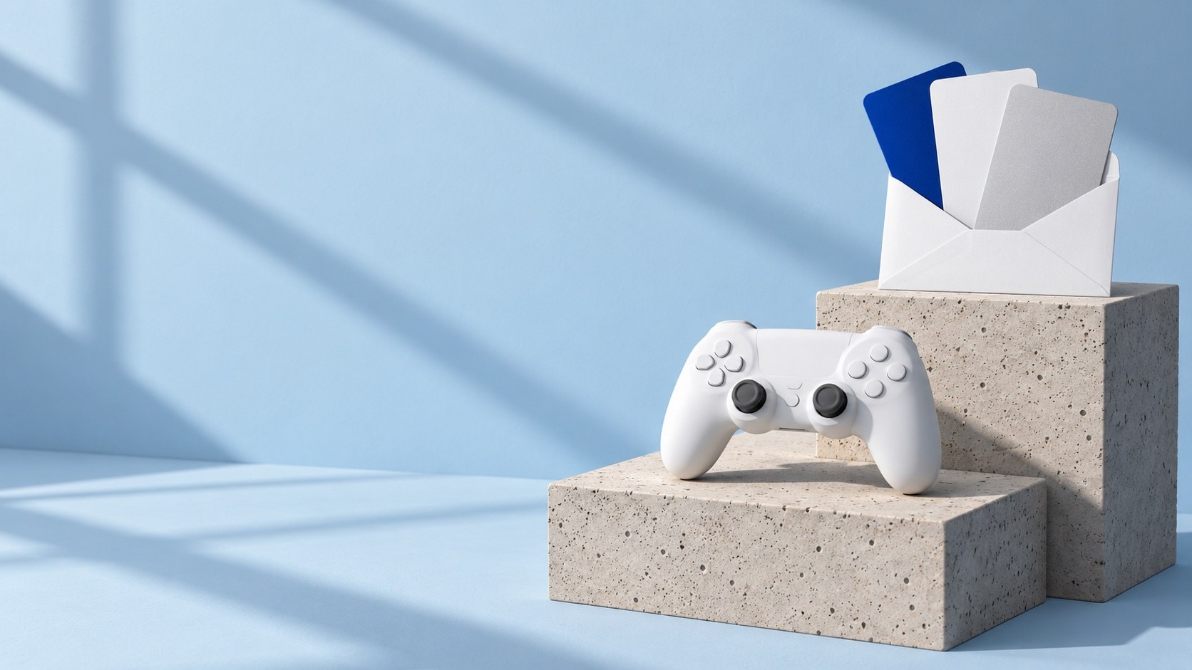 Blank gift cards in a white envelope and a white game controller on concrete blocks against a pale blue wall