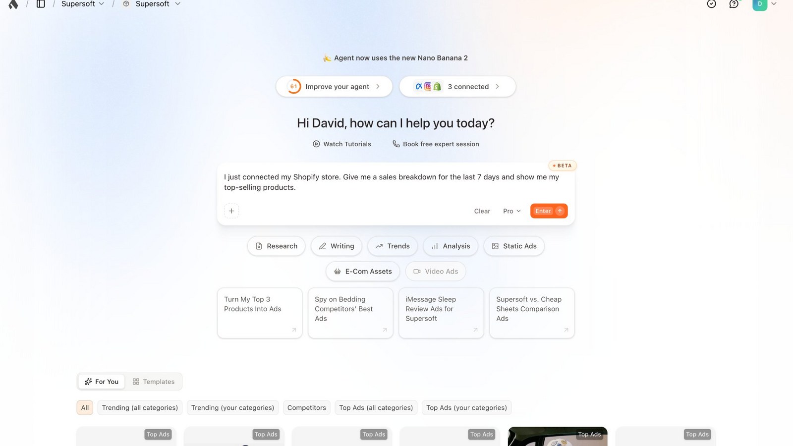 Superscale home screen with a chat prompt, shortcuts for research, writing, trends, analysis, static ads and video ads, and suggested tasks