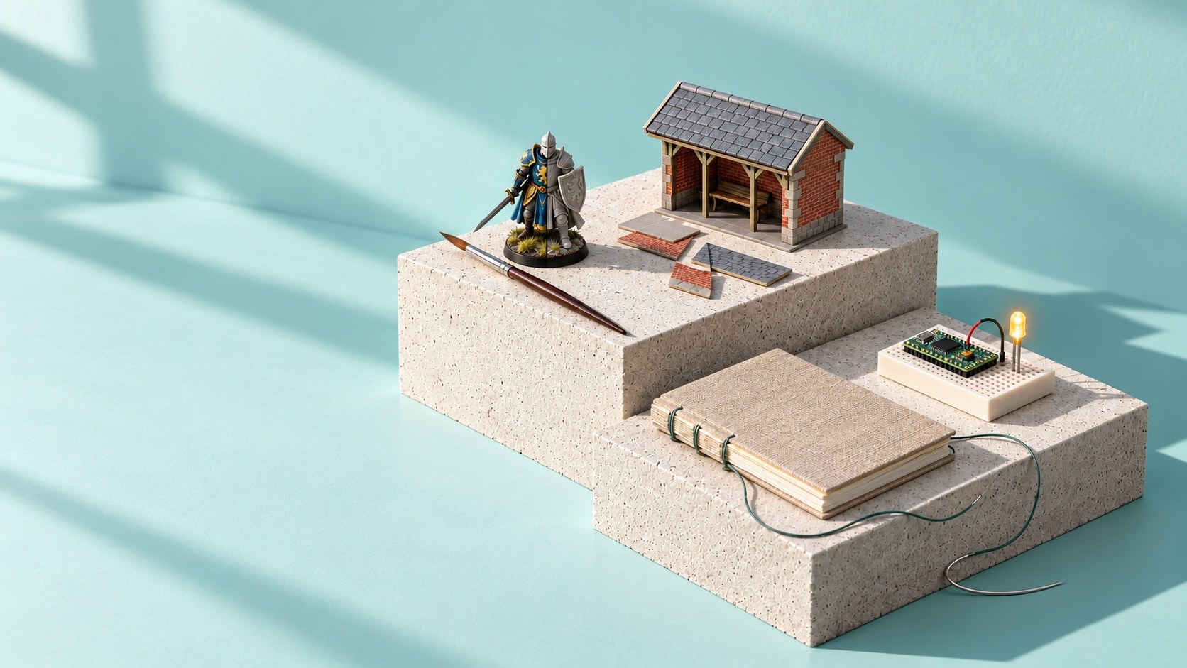 A half-painted miniature knight, a small card railway shelter, a hand-stitched booklet and a microcontroller with a glowing LED on concrete blocks against a mint backdrop