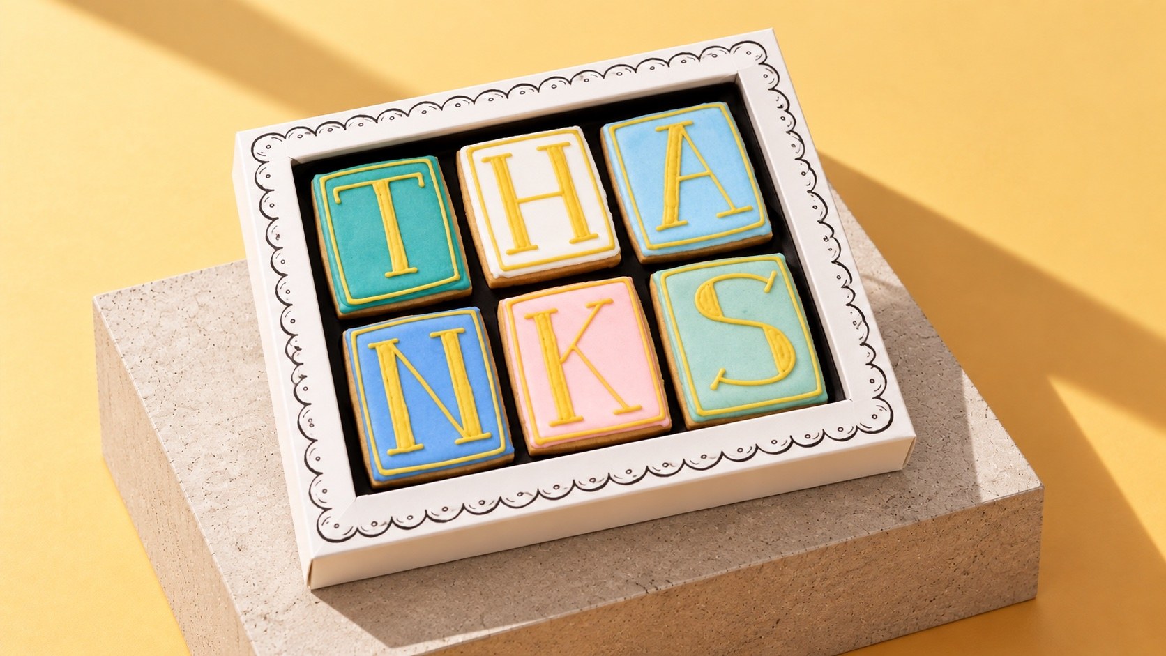Six iced letterbox biscuits spelling THANKS in an open scalloped white gift box