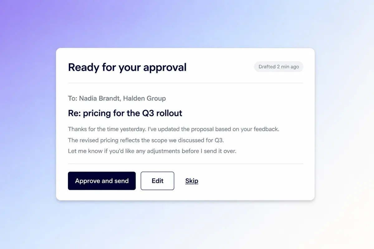 Demi approval card showing a drafted email reply about Q3 pricing with Approve and send, Edit and Skip buttons