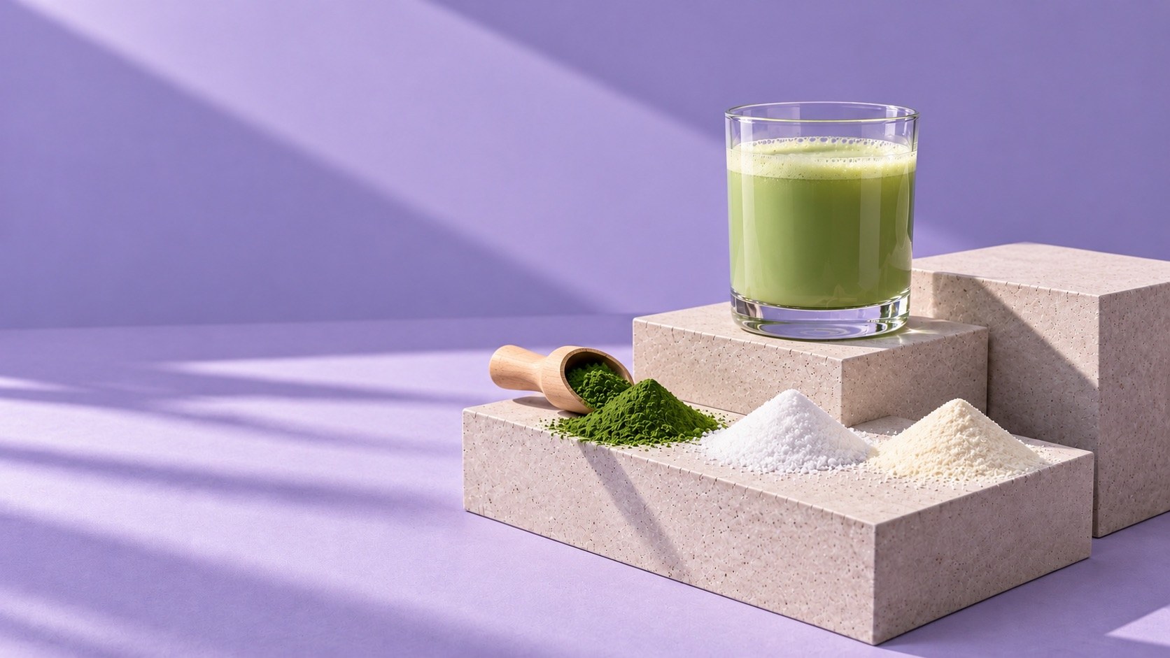 Three small mounds of powder, green, white and cream, with a wooden scoop and a glass of pale green drink