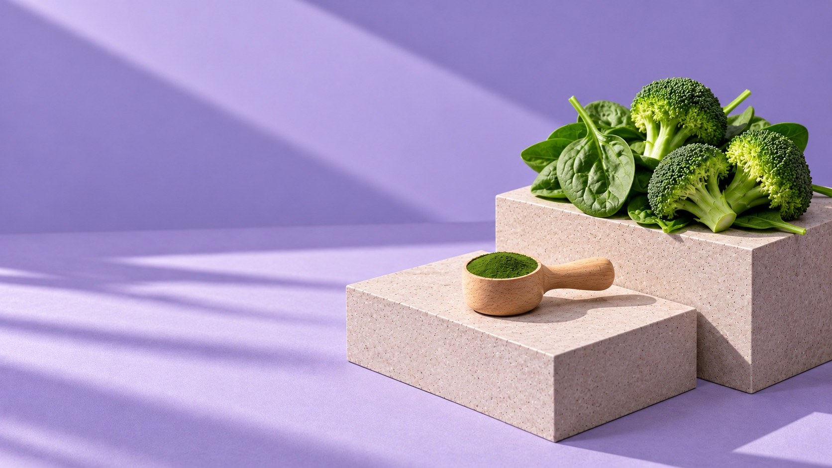 A small wooden scoop of green powder beside a heap of fresh spinach and broccoli on concrete blocks