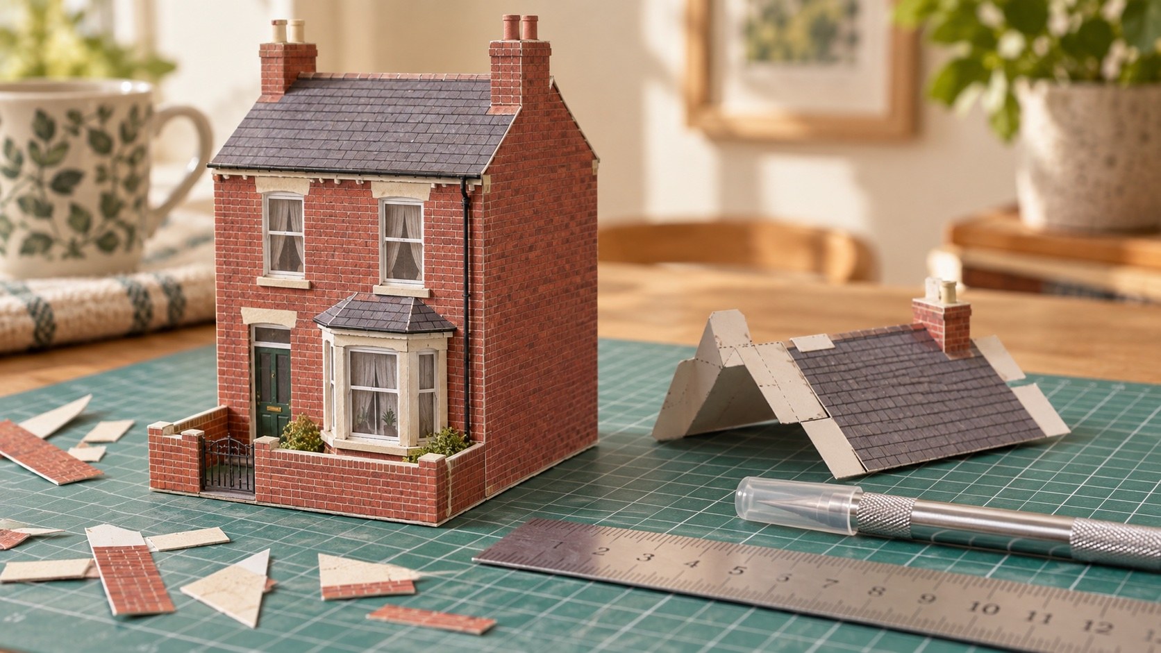 Illustrative British brick house made from card on a cutting mat