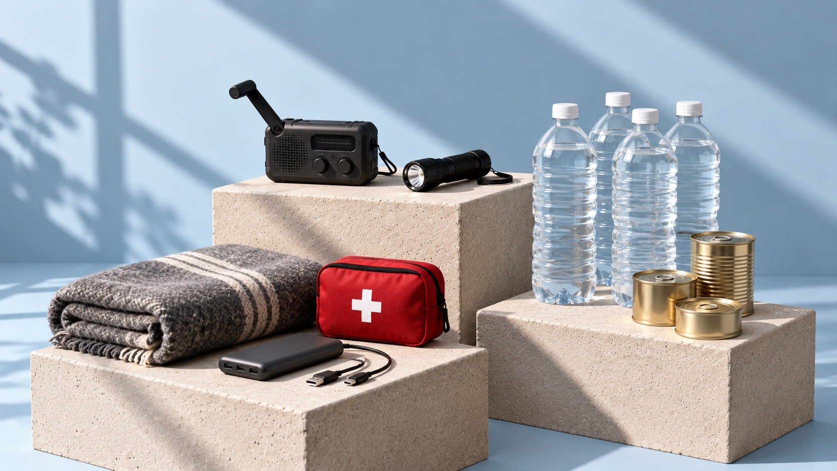 A hand-crank radio, a torch, a power bank, a folded blanket, a red first aid pouch, four bottles of water and three tins on concrete blocks against a pale blue wall