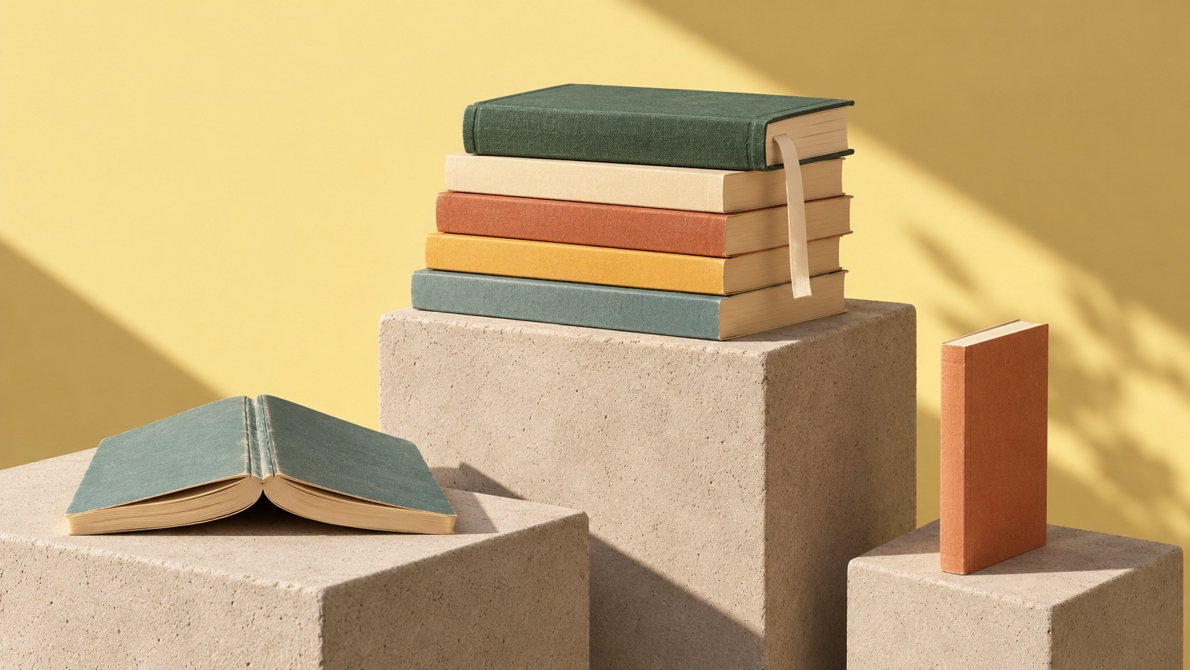 A stack of plain paperbacks and a cloth hardback on concrete blocks, one book left open face-down, against a pale yellow backdrop