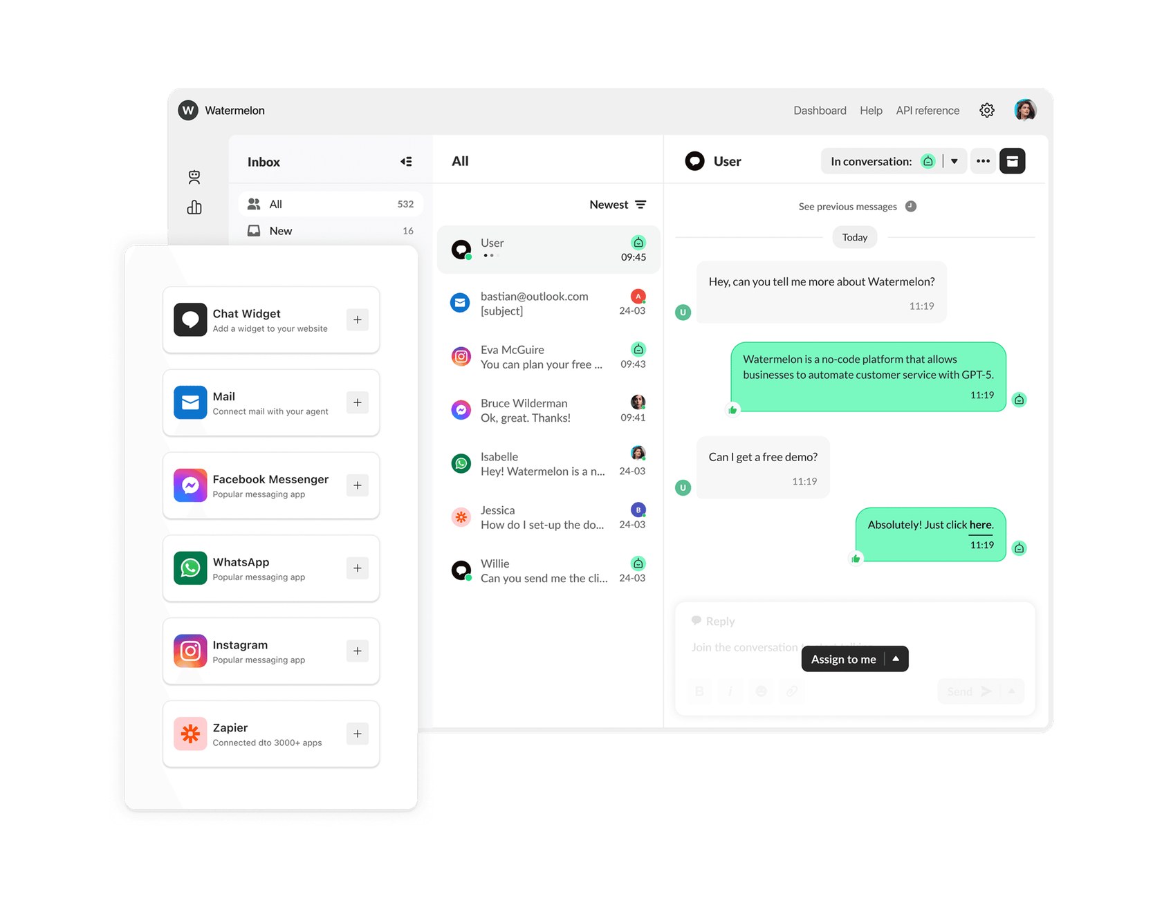 Watermelon inbox listing chats from web chat, email, Instagram, Messenger and WhatsApp, with an AI agent conversation open and a panel of channels to connect