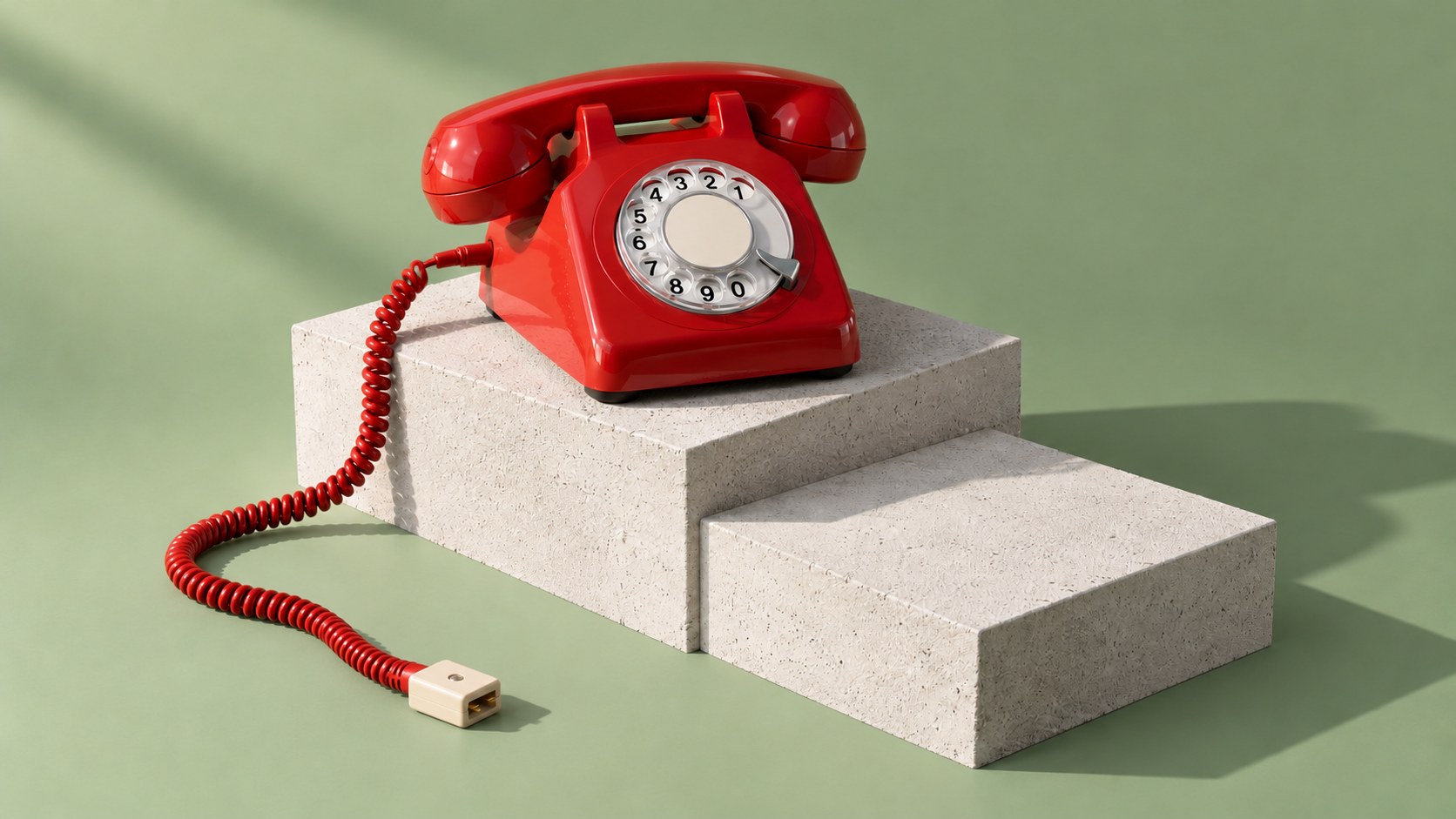 Red rotary-dial telephone on pale concrete blocks against a sage green background, its coiled cord ending in an unplugged plug