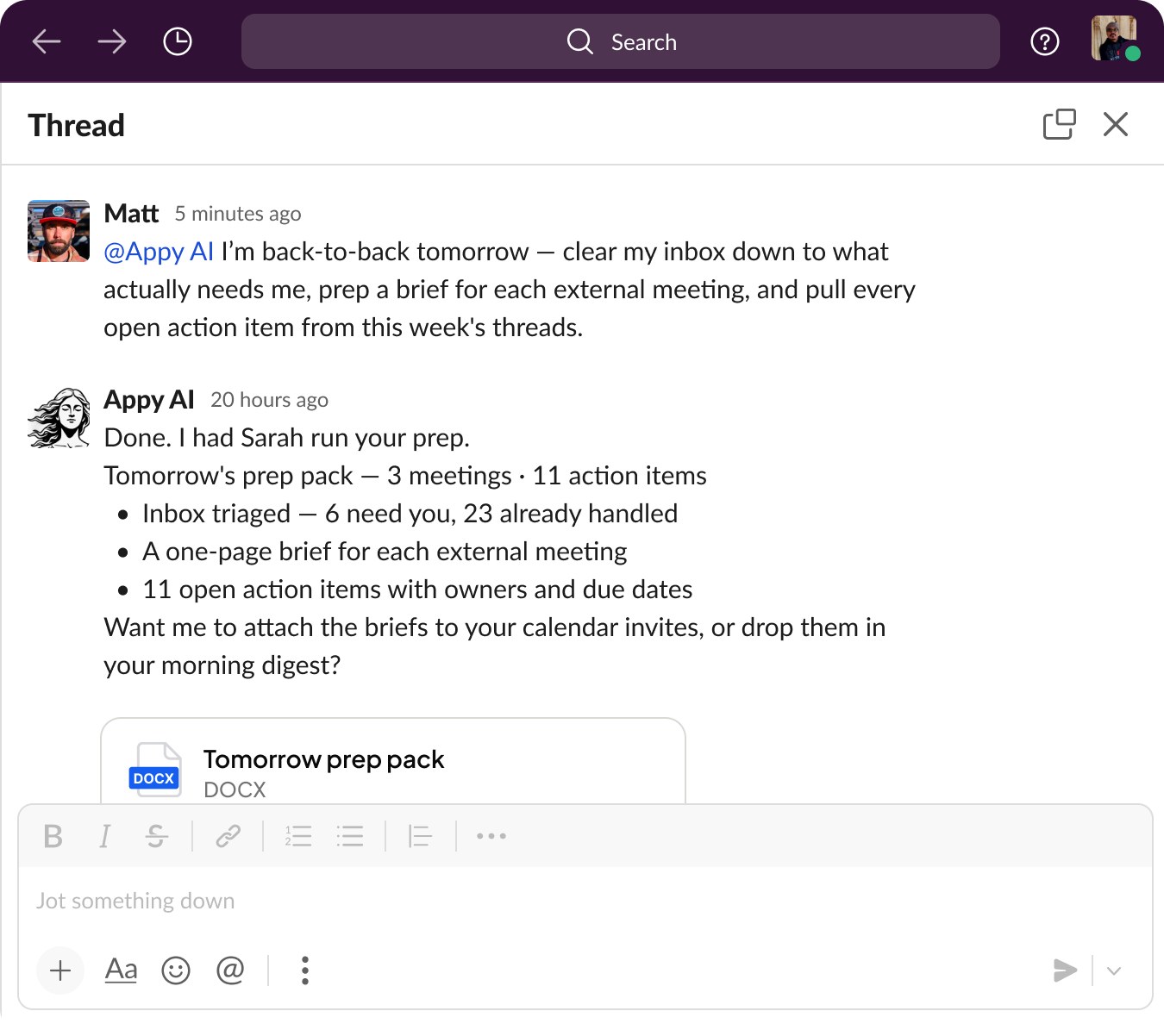 Slack thread where Appy.AI reports that Sarah triaged the inbox and prepared briefs for tomorrow's meetings, with a DOCX prep pack attached