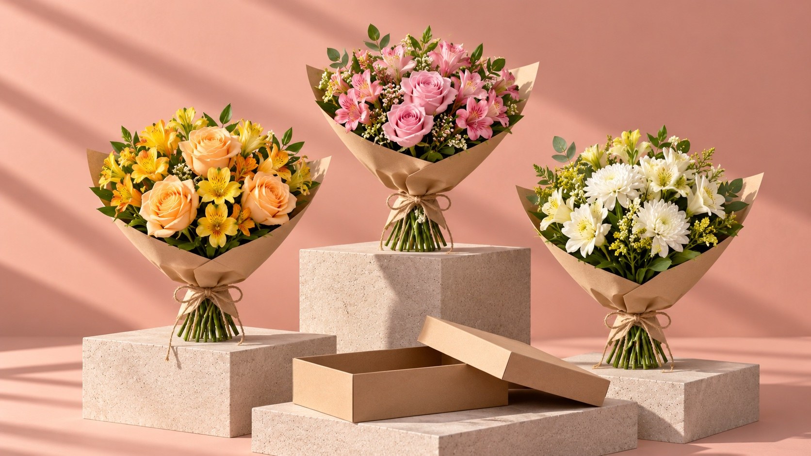 Three hand-tied bouquets in kraft paper on concrete blocks beside an open flower box, against a pale terracotta backdrop