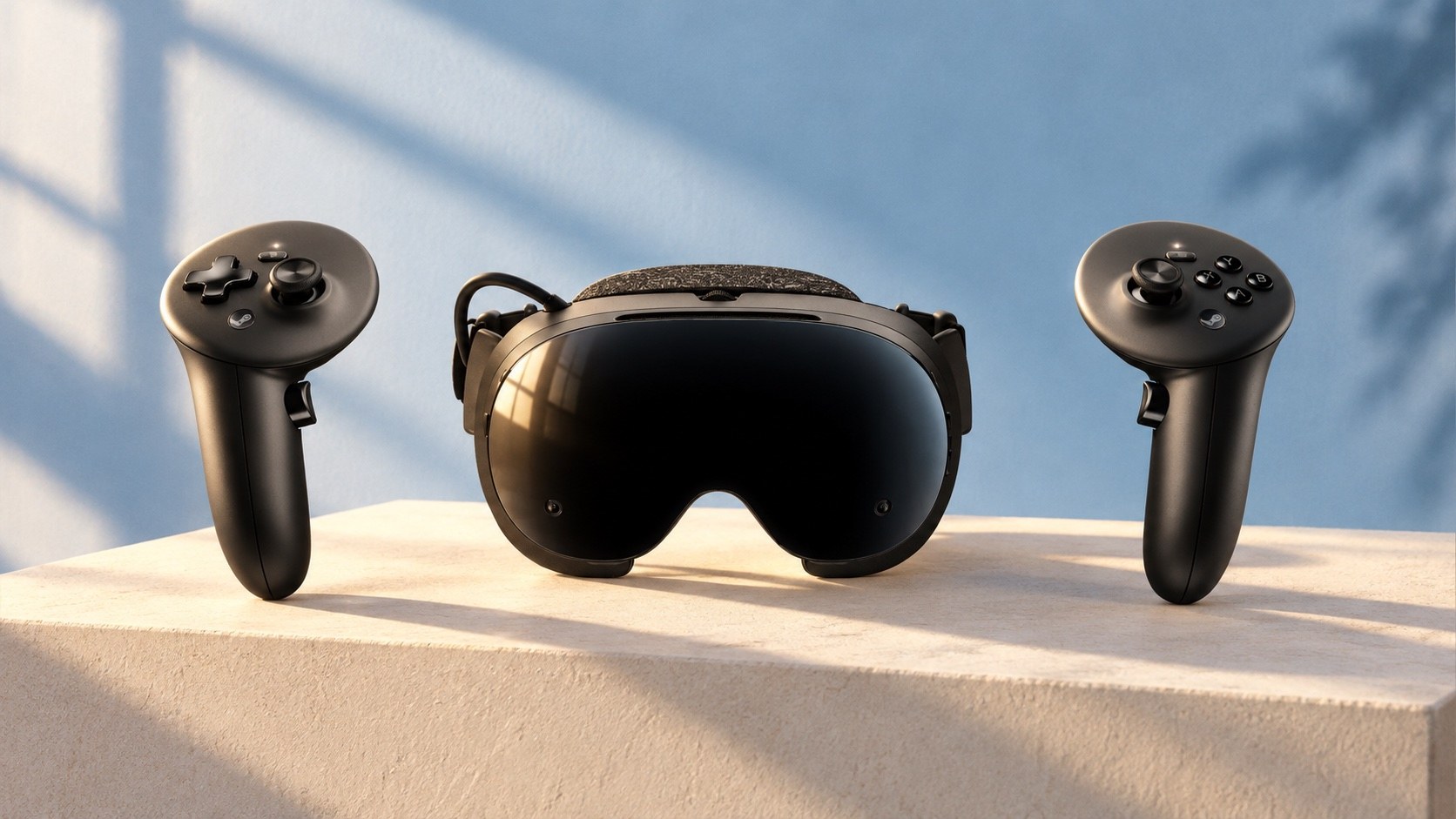 Steam Frame headset and controllers on a pale blue studio backdrop