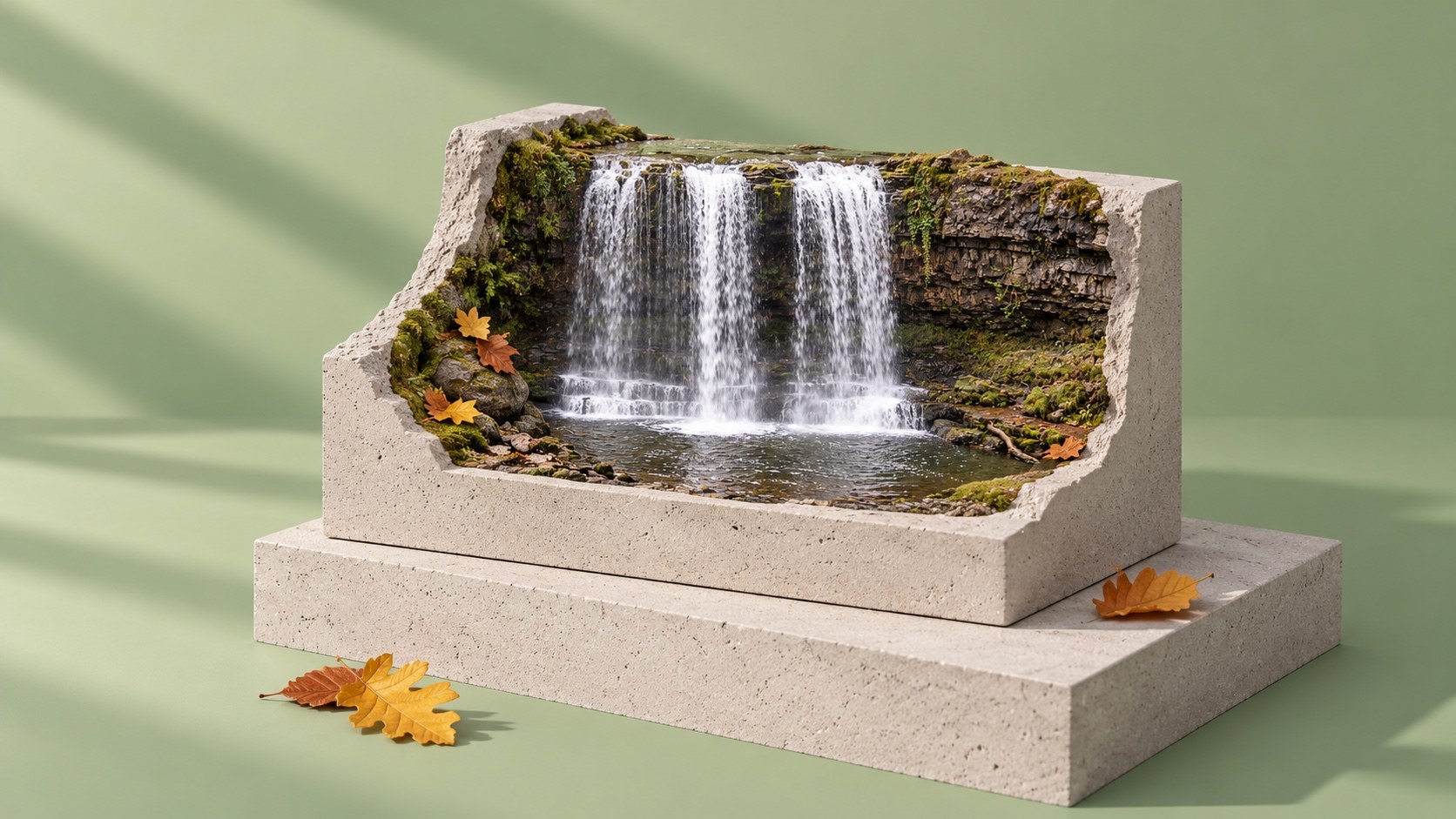 A sculpted miniature of the Sgwd yr Eira waterfall and mossy rock ledge set into a concrete block, with autumn oak leaves, against a sage-green background