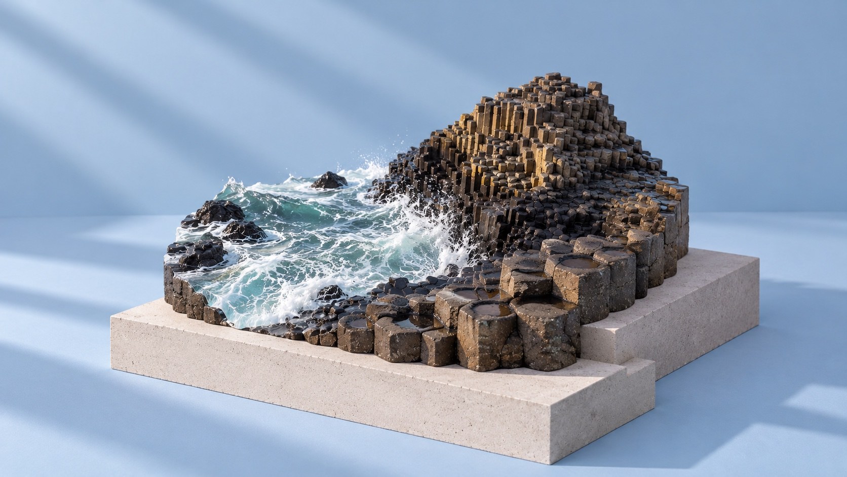 A sculpted miniature of the Giant's Causeway's hexagonal basalt columns with a breaking wave, on stacked concrete plinths against a powder-blue background