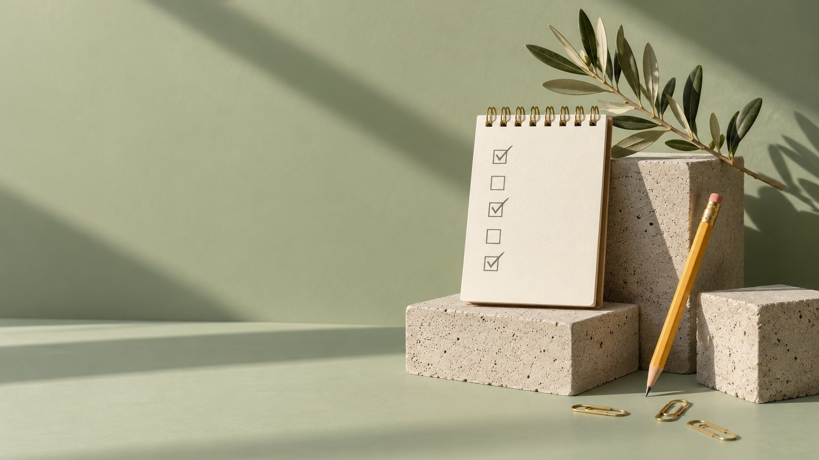 A small spiral notepad with a column of hand-drawn tick boxes, a yellow pencil, paper clips and a sprig of olive leaves on pale concrete blocks against a sage-green backdrop in hard afternoon light