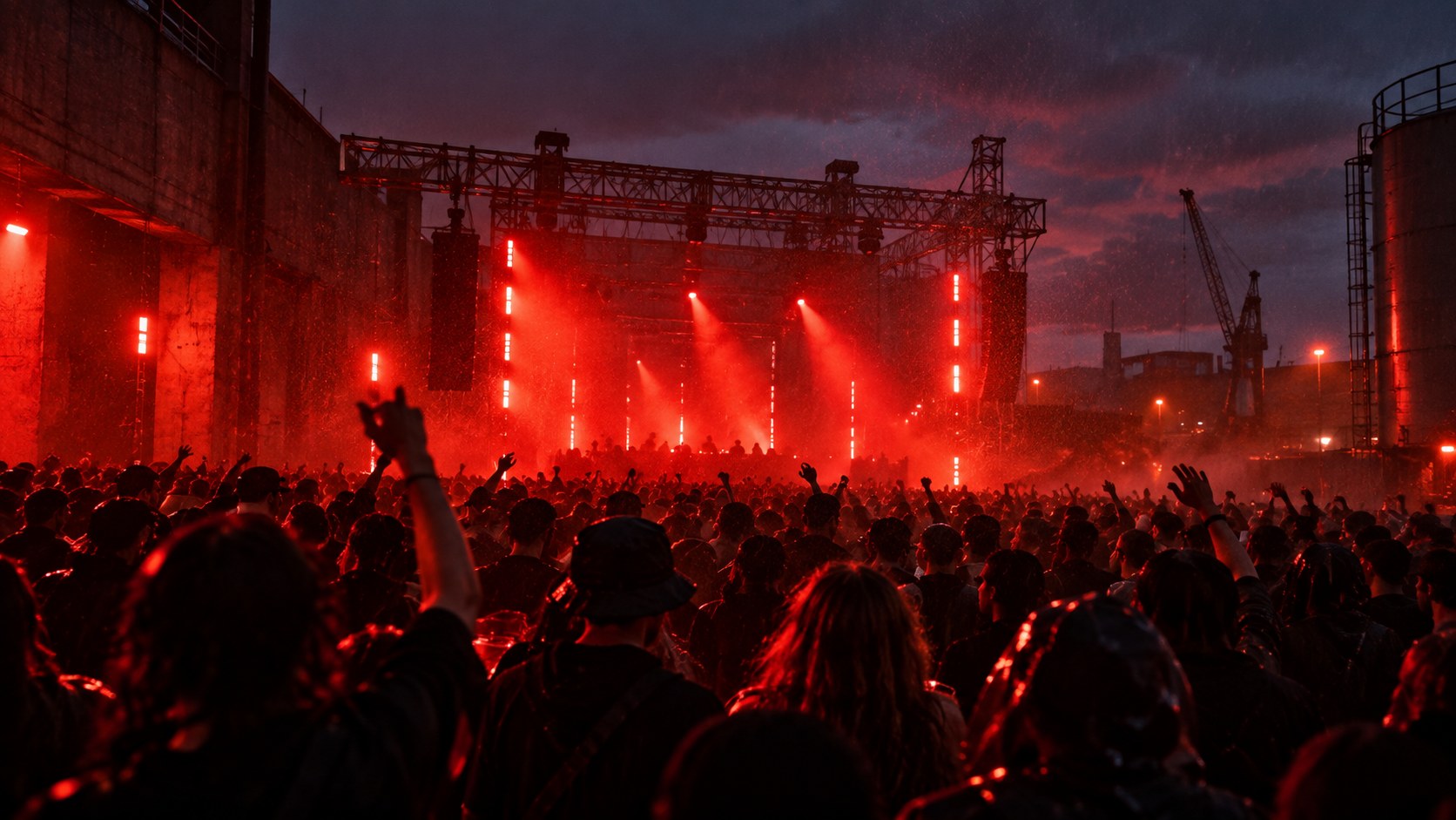 Illustrative red-lit electronic festival crowd at an industrial stage; generated from Terminal V archive photographs