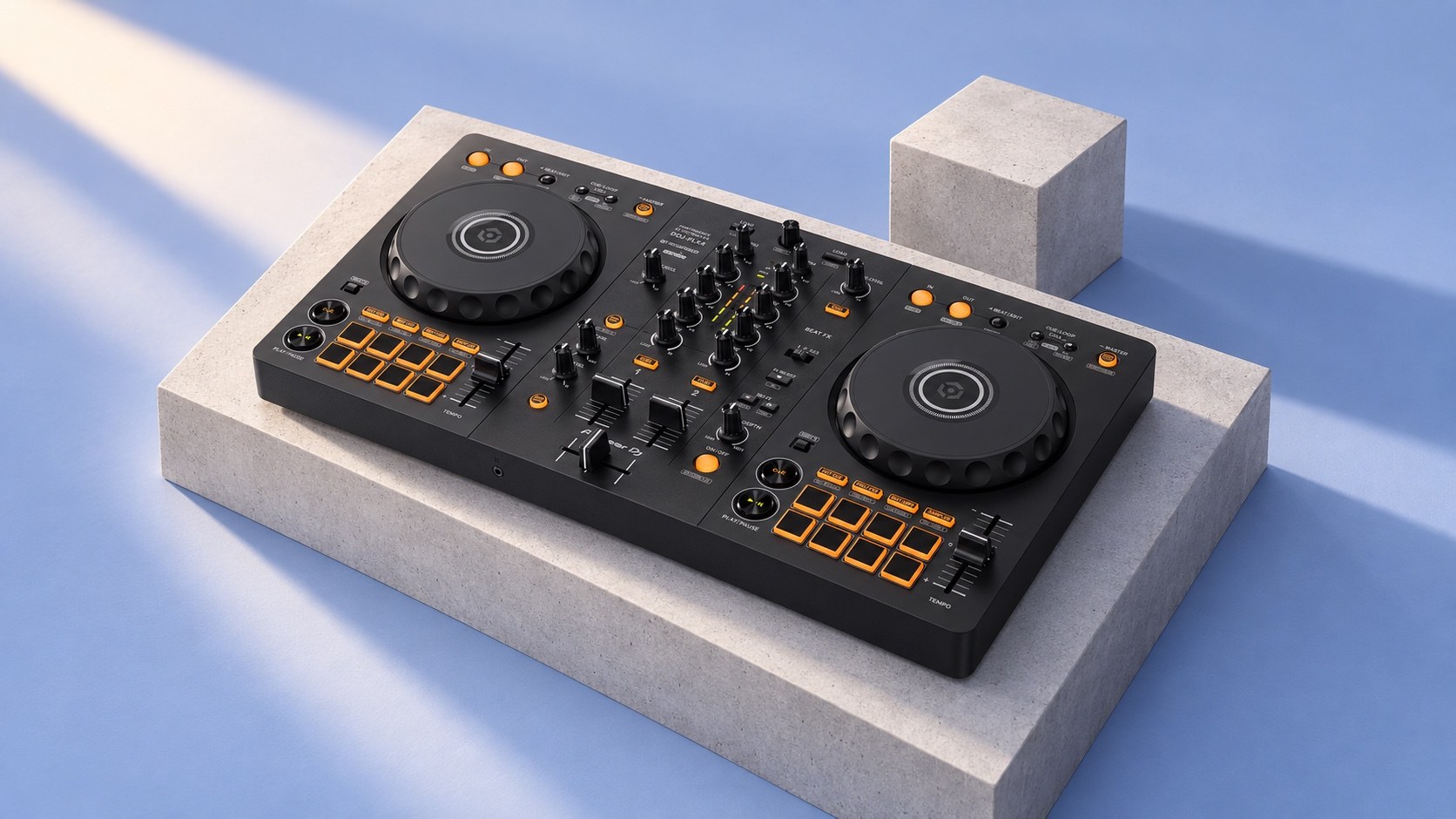 Pioneer DJ DDJ-FLX4 controller on a concrete plinth against a blue background