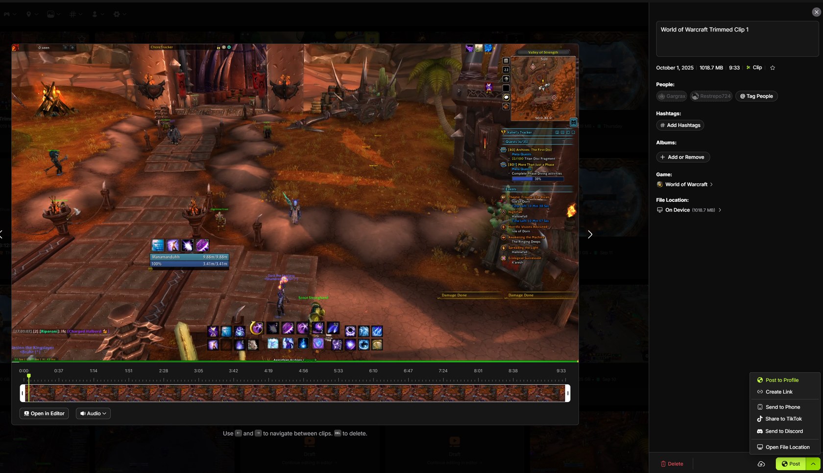 Medal desktop editor trimming a World of Warcraft clip, with a timeline under the video and sharing options on the right