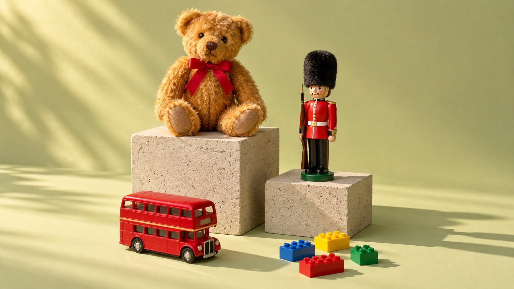 A golden teddy bear with a red bow, a toy guardsman, a red double-decker bus and building bricks on concrete blocks