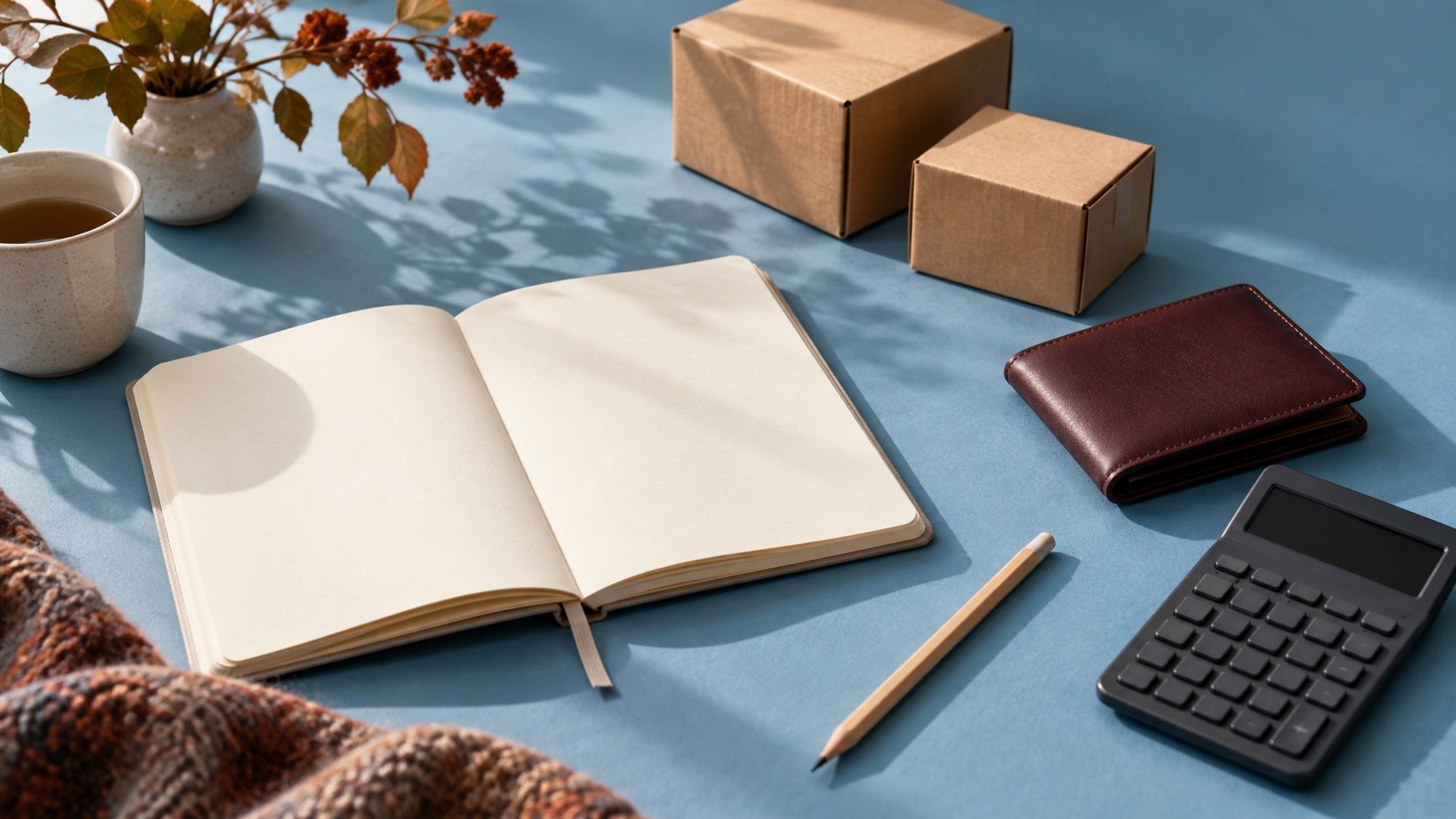 Notebook, wallet and delivery boxes on a blue table