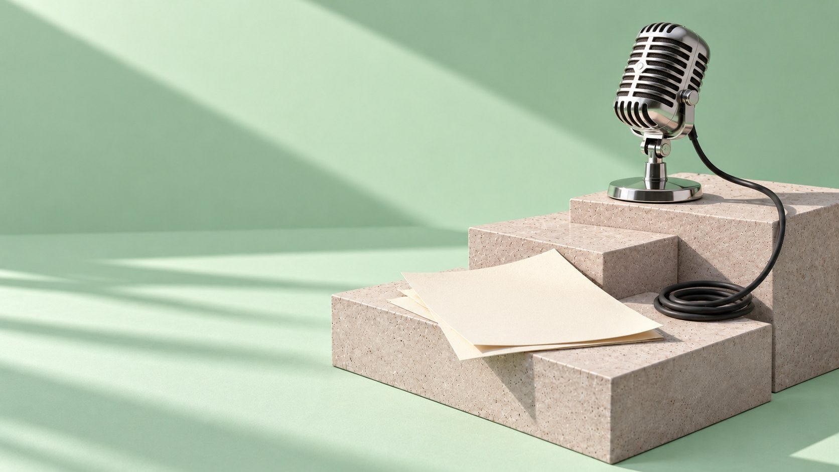 A retro chrome desk microphone on a concrete block, its coiled cable trailing over a lower block beside a few loose sheets of blank cream paper, against a pale mint-green backdrop in hard afternoon light