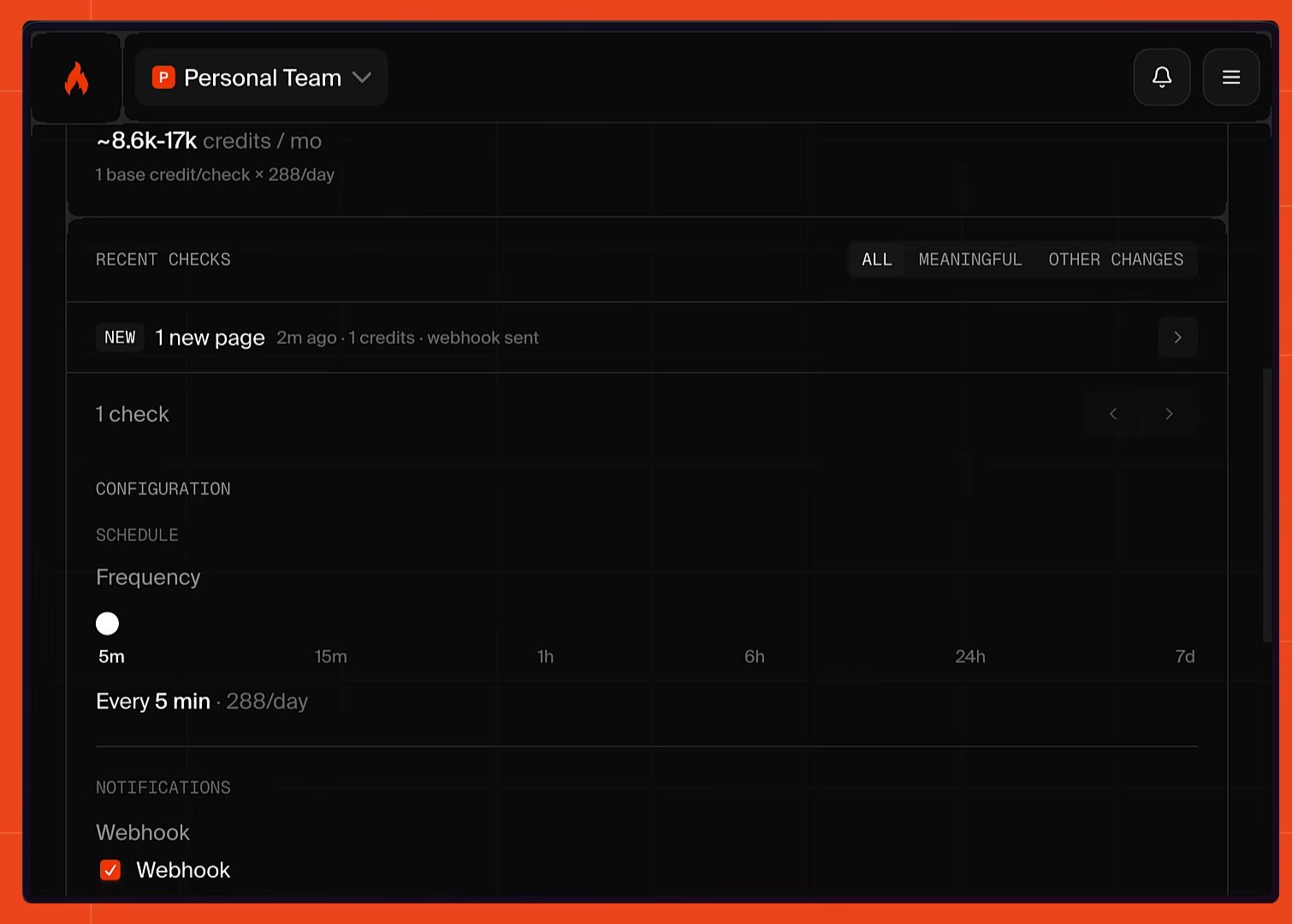Firecrawl dashboard showing a page monitor with its monthly credit estimate, the first check result and a five-minute check frequency slider