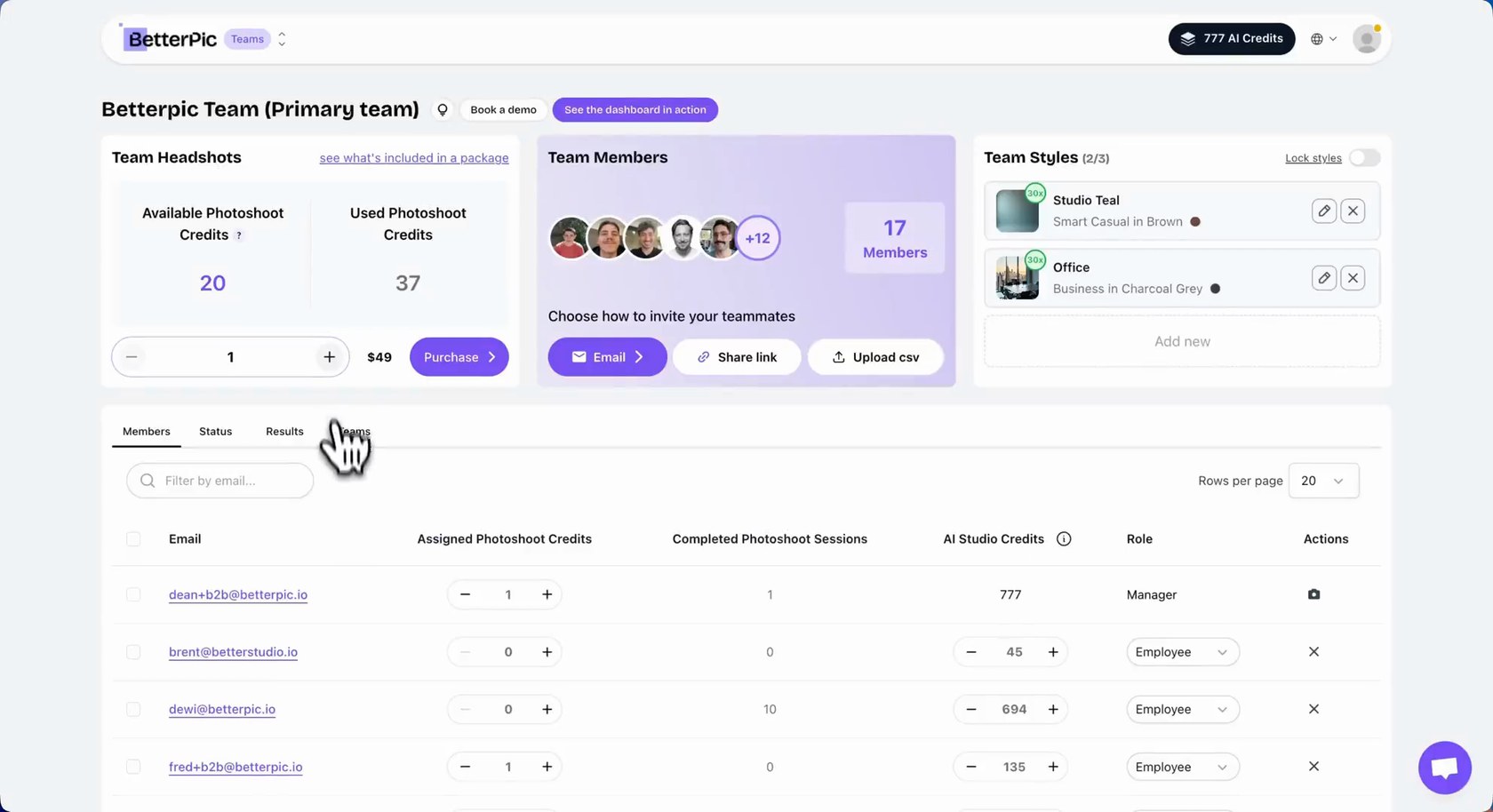 BetterPic team dashboard showing available and used photoshoot credits, team members, team styles and a table of members with credits and roles