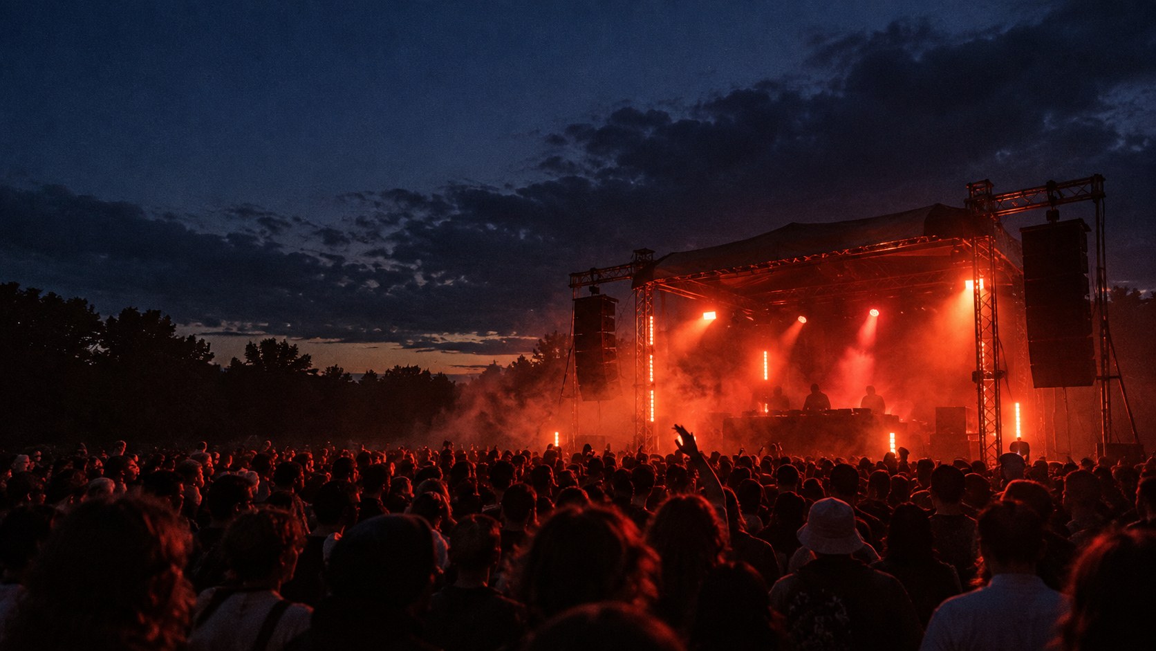 Illustrative electronic festival crowd at dusk beneath red stage lights, generated from real festival photo references